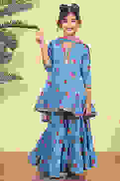 Blue Cotton Printed Flared Sharara Suit Set image number 6