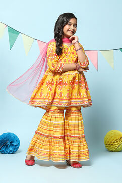 Yellow Cotton Gathered Printed Kurta Sharara Suit Set image number 4