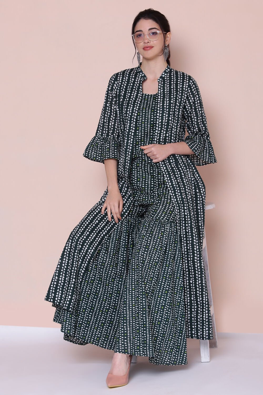 Buy Green Cotton Fusion Wear 3 Piece Set Top Garara Jacket