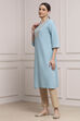 Blue Cotton Straight Solid Kurta image number 2