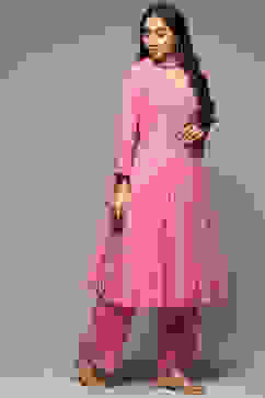 Pink Cotton Gathered Kurta Palazzo Suit Set image number 5