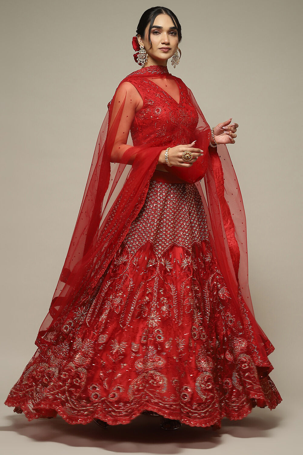 Red Nylon Embroidered Lehenga Set image number 0