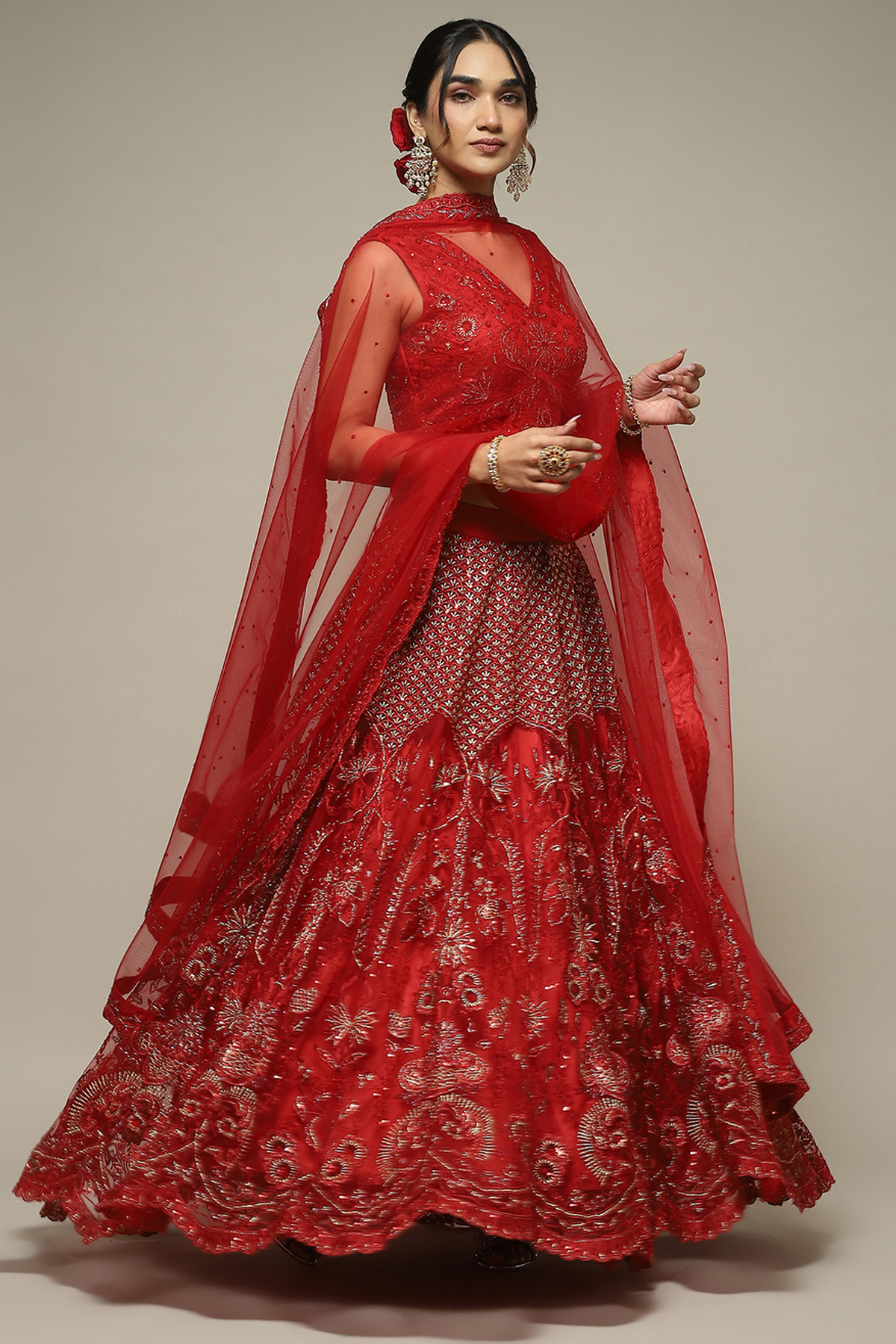 Red Nylon Embroidered Lehenga Set
