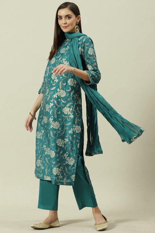 Peacock Green Printed Straight Kurta Regular Pants Suit Set image number 0