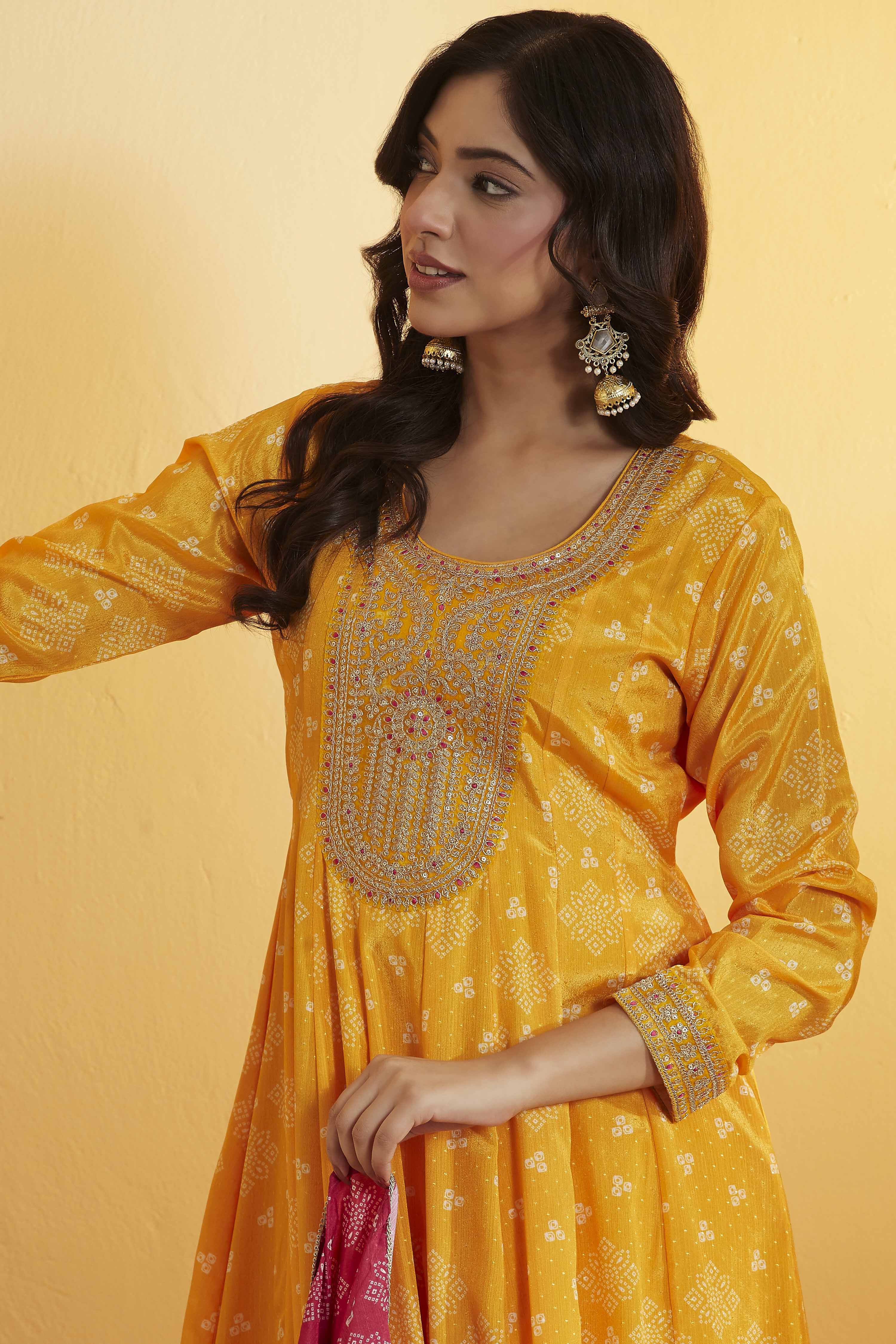 Yellow Poly Chinnon Anarkali Suit Set image number 1