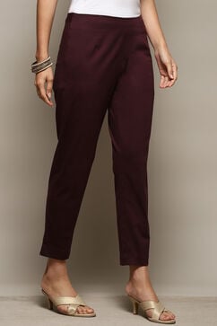 Dark Purple Cotton Slim Solid Pants image number 3