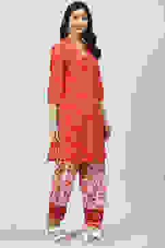 Red Cotton Straight Kurta Relaxed Salwar Suit Set image number 0