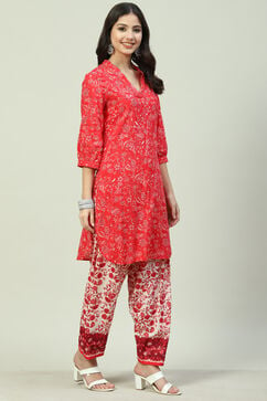 Red Cotton Straight Kurta Relaxed Salwar Suit Set image number 0