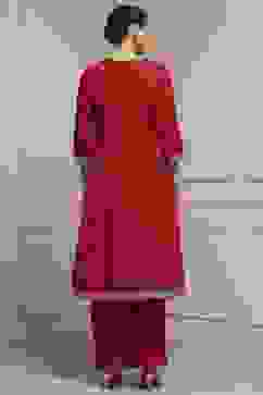 Red Cotton A-Line Yarndyed Suit Set image number 4