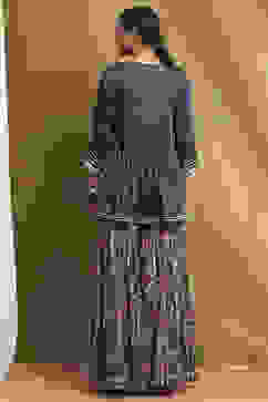 Navy Blue Viscose Floral Peplum Suit Set image number 4