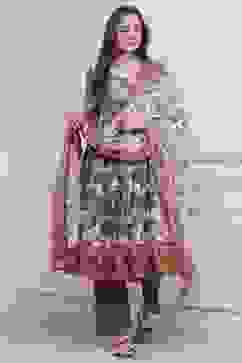 Grey Cotton Printed Anarkali Suit Set image number 0