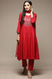 Red Rayon Gathered Kurta Pants Suit Set image number 5