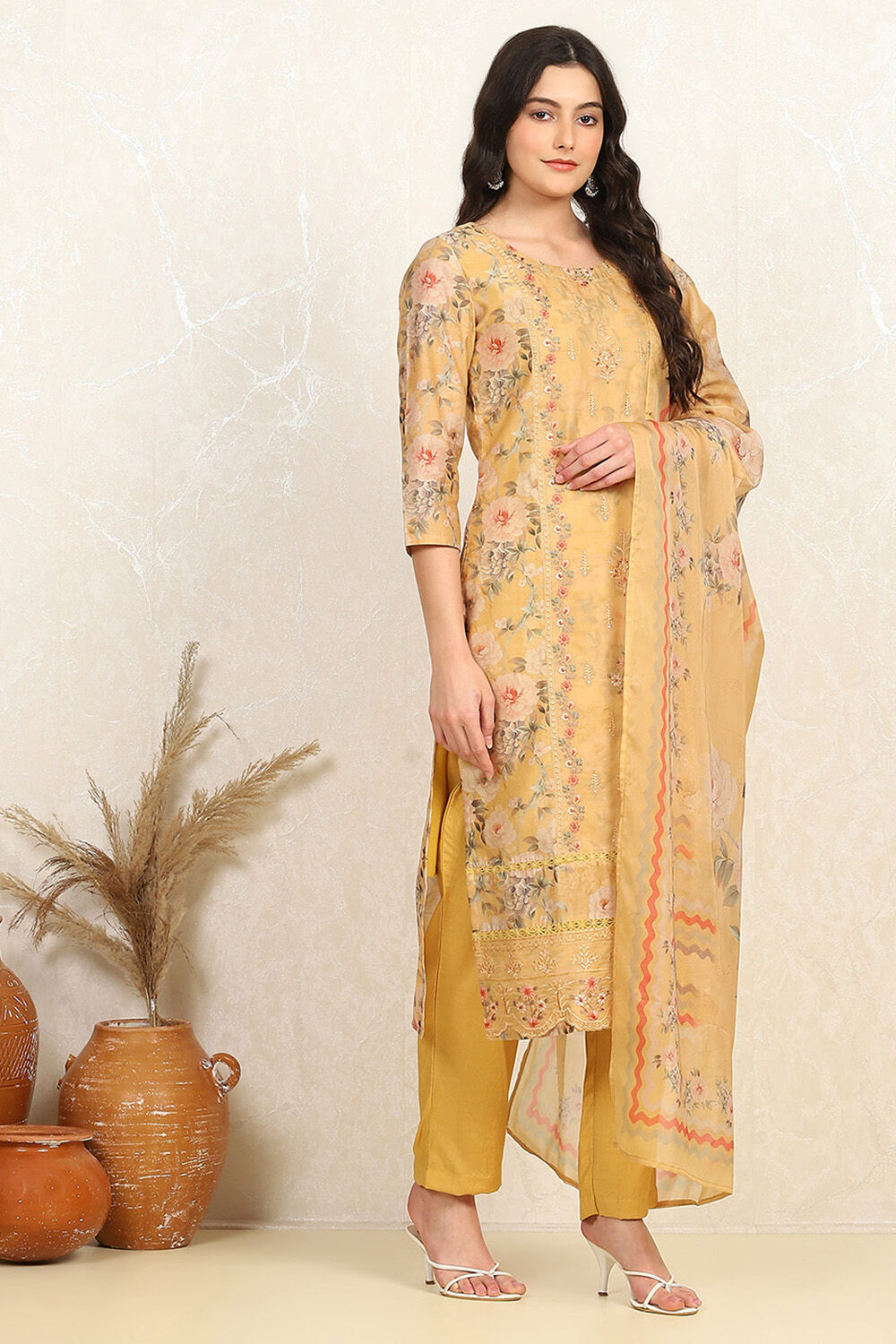 Orange Muslin Unstitched Suit Set image number 6