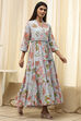 Earthy Blue Cotton Floral Tiered Dress image number 3