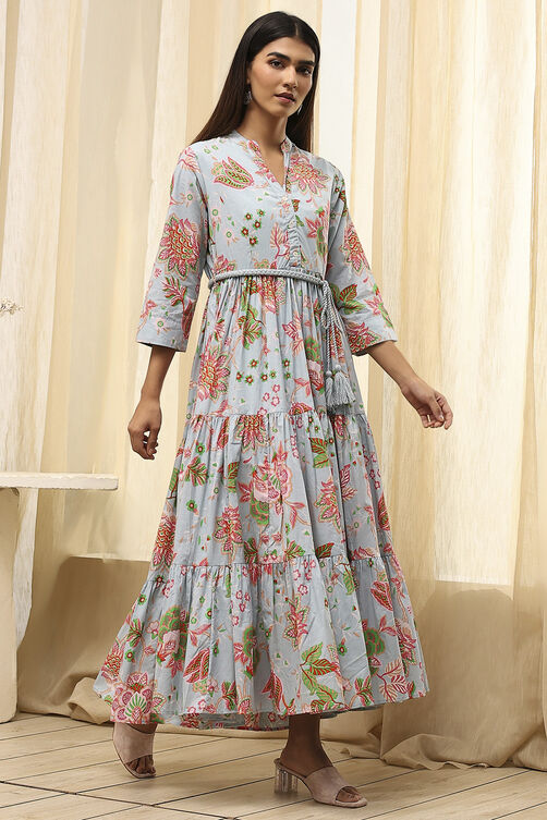 Earthy Blue Cotton Floral Tiered Dress image number 3