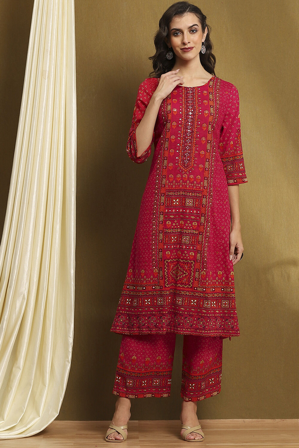 Fuchsia Cotton Printed A-Line Kurta Set image number 6