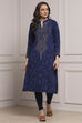 Navy Blue Yarn-Dyed Printed Straight Winter Kurta image number 5