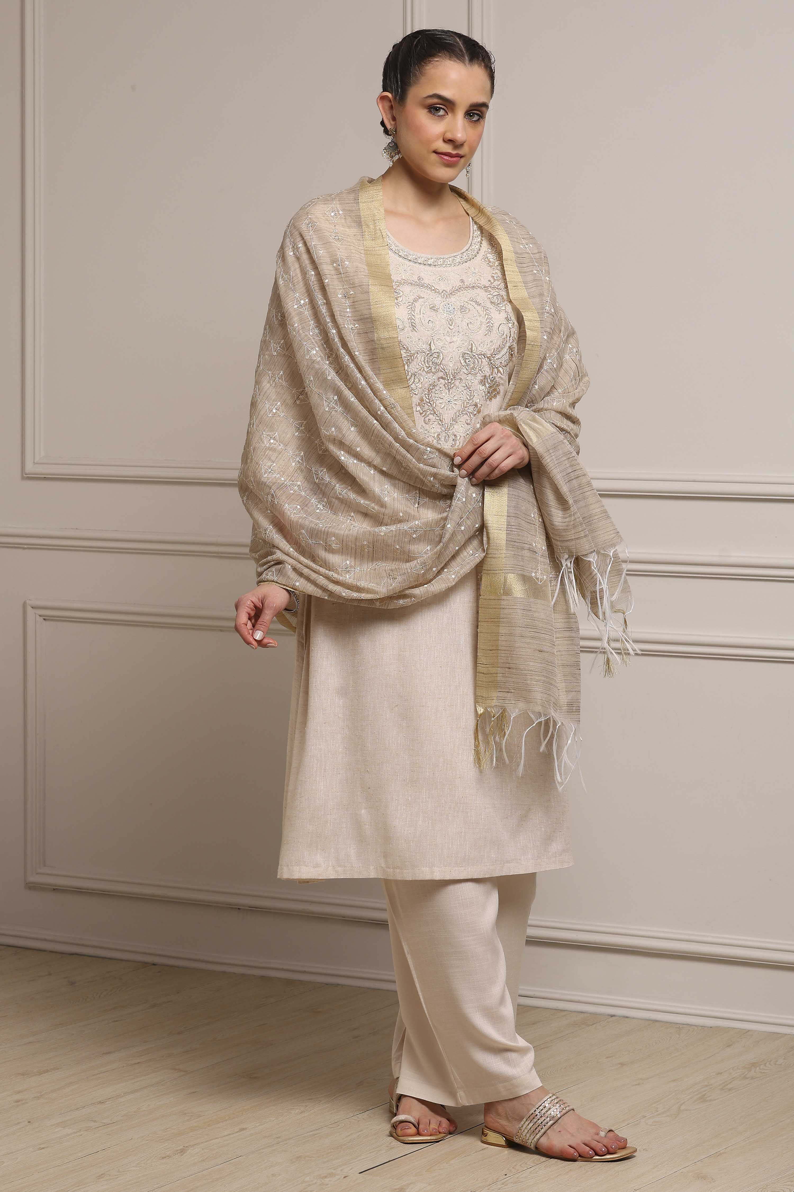 Beige Cotton Linen Yarn-Dyed Embroidered Straight Suit Set image number 0