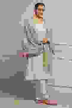 Beige Cotton Linen Yarn-Dyed Embroidered Straight Suit Set image number 0