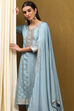 Blue Viscose Blend Yarn Dyed Straight Suit Set image number 6
