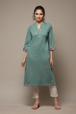 Fern Green Acrylic Straight Yarndyed Kurta image number 1