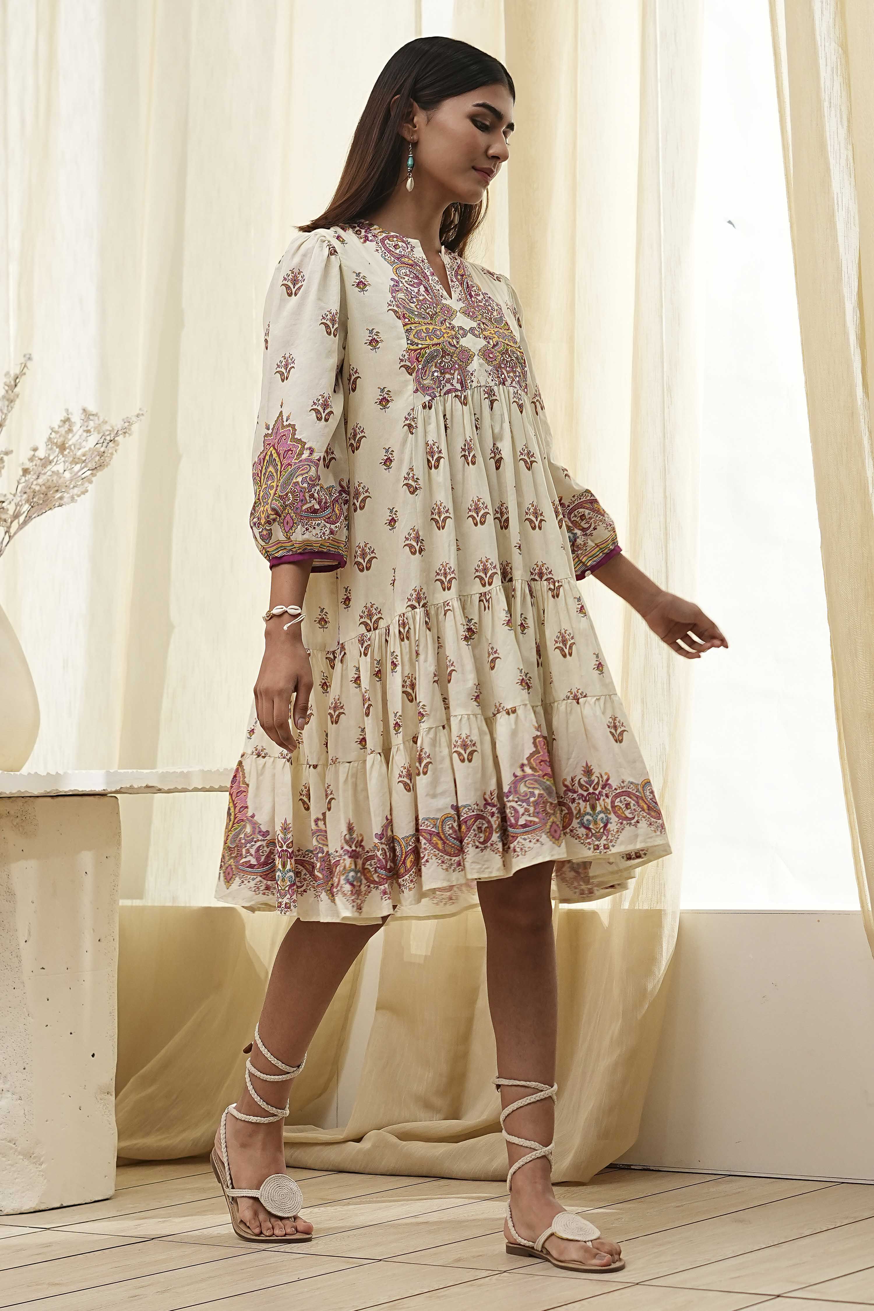 Beige Cotton Printed Tiered Dress image number 4