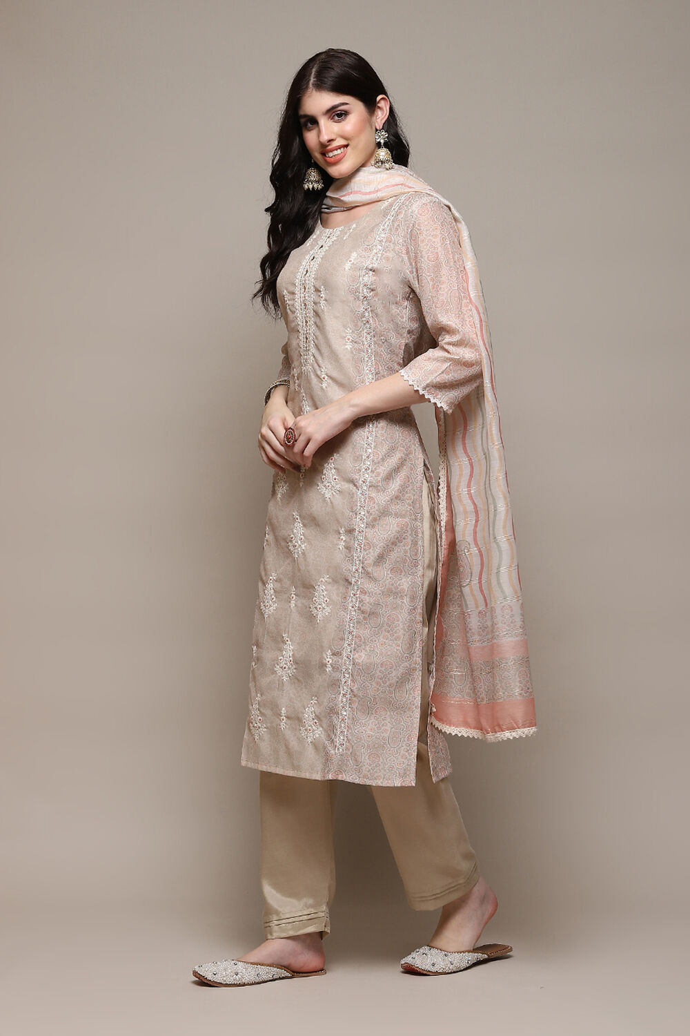 Beige Chanderi Blend Machine Embroidered Unstitched Suit Set image number 6