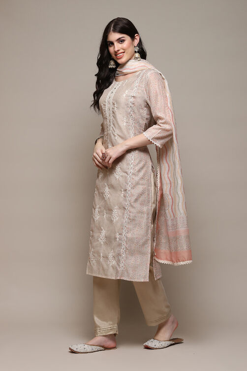 Beige Chanderi Blend Machine Embroidered Unstitched Suit Set image number 6
