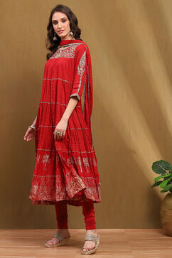Red Cotton Embroidered Tiered Anarkali Suit Set image number 3