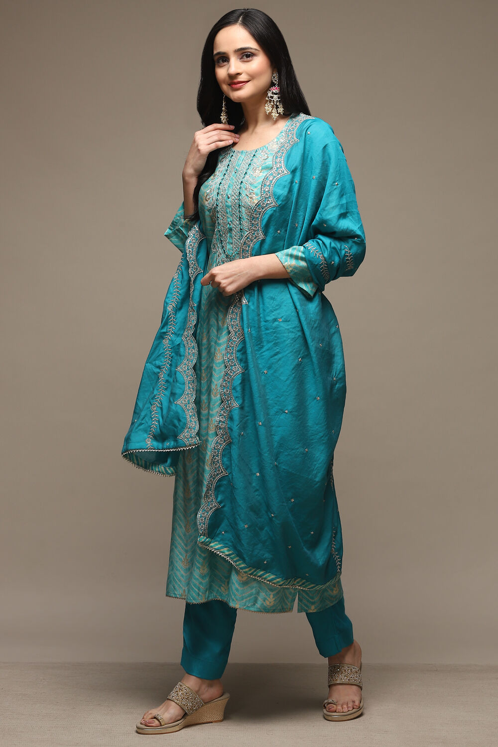 Blue Modal Machine Embroidered Unstitched Suit Set image number 5