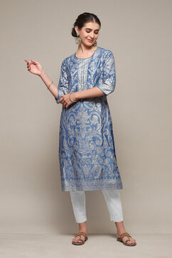 Blue Polyester Straight Printed Kurta image number 0