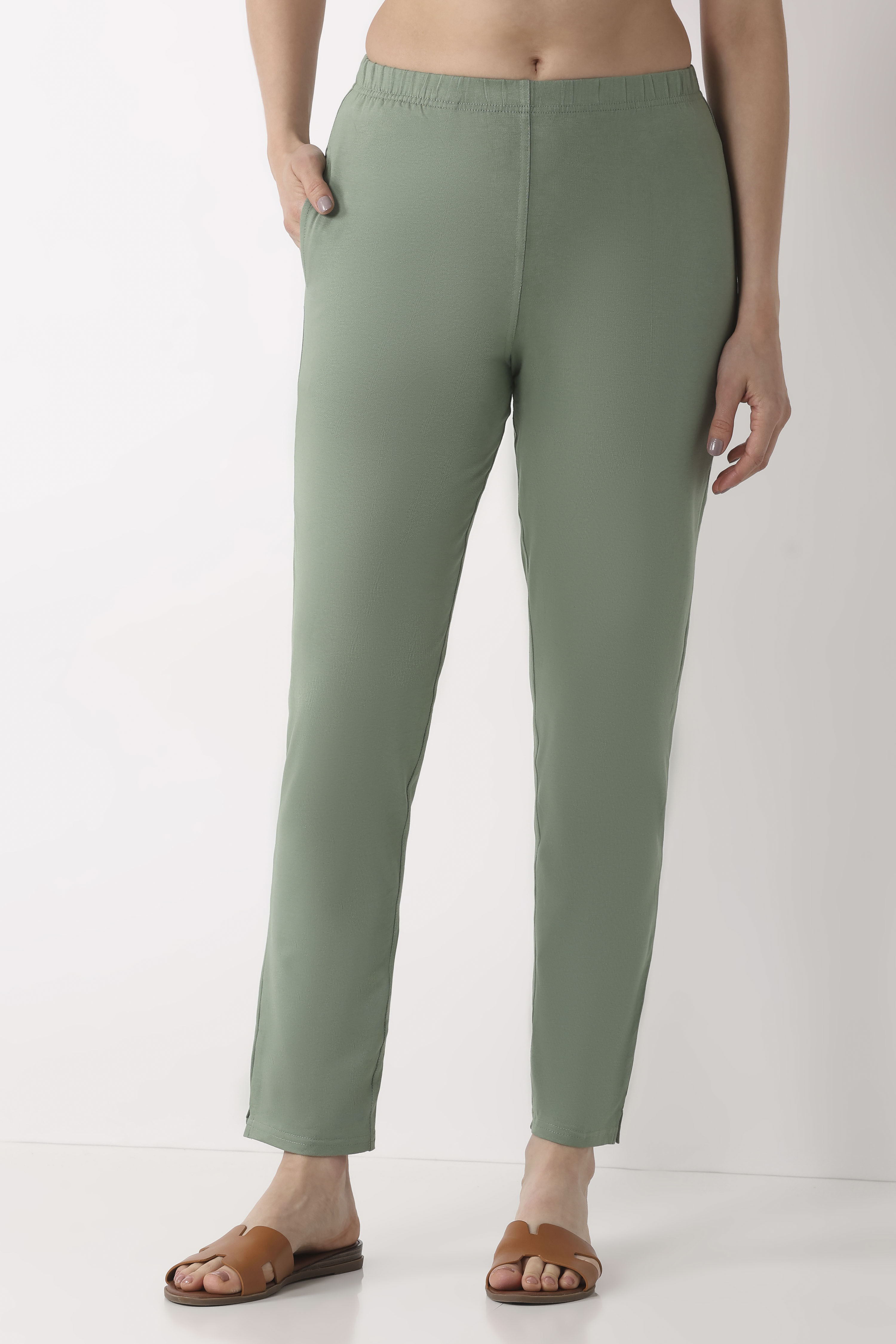 Navy Blue Solid Cotton Lycra Straight Pants image number 4