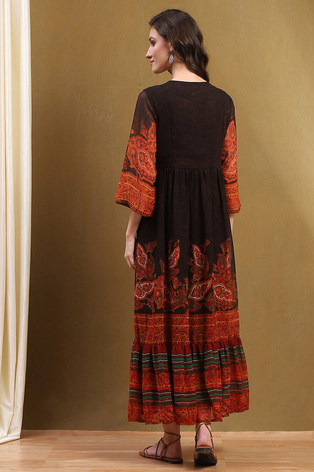 Chocolate Brown Georgette Printed Tiered Dress image number 3