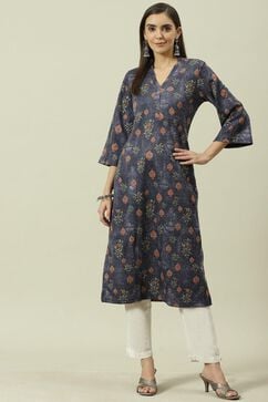 Navy Blue A Line Terry Rayon Printed  Kurti image number 0