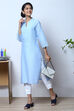 Powder Blue Cotton Flax Straight Kurta image number 5