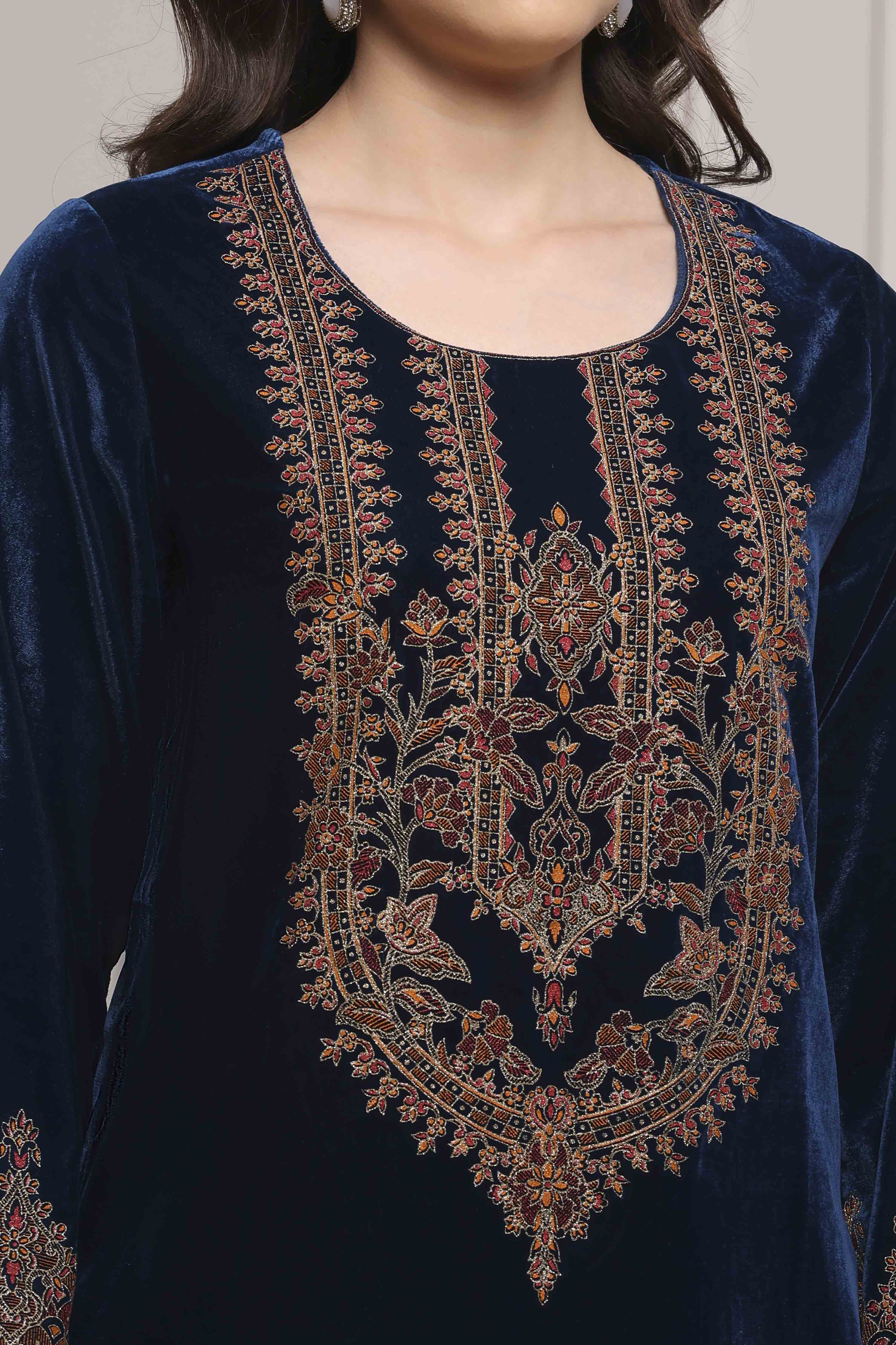 Teal Velvet Straight Winter Kurta Set image number 1