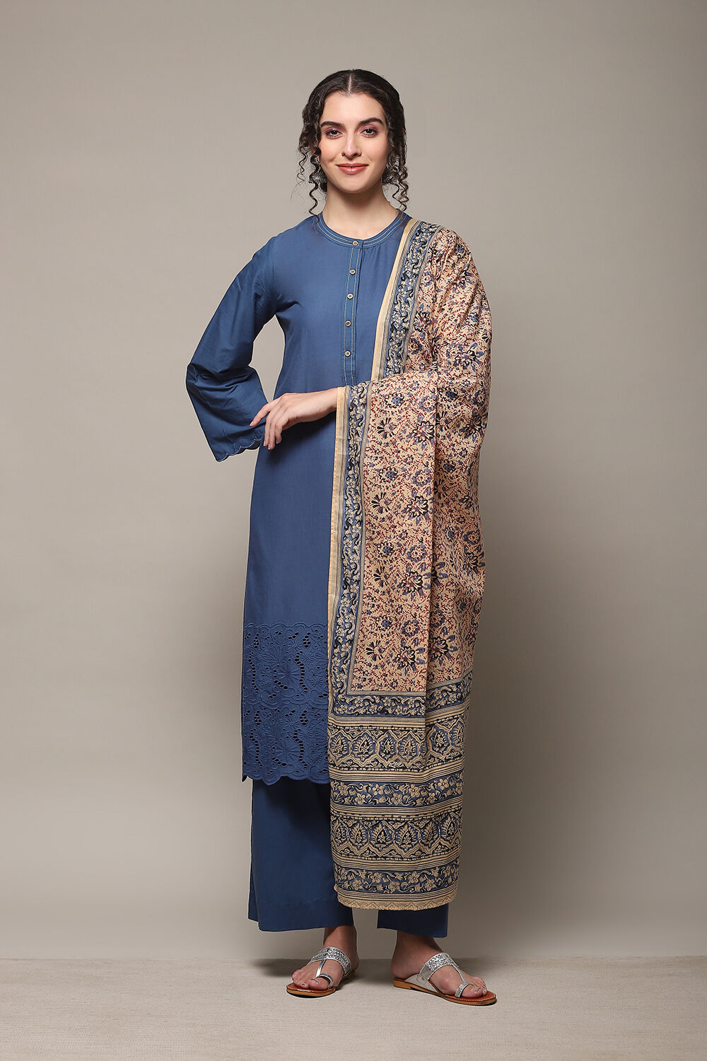 Black Cotton Straight Kurta Palazzo Suit Set image number 7