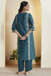 Teal Viscose Blend Embroidered Straight Kurta Set image number 6