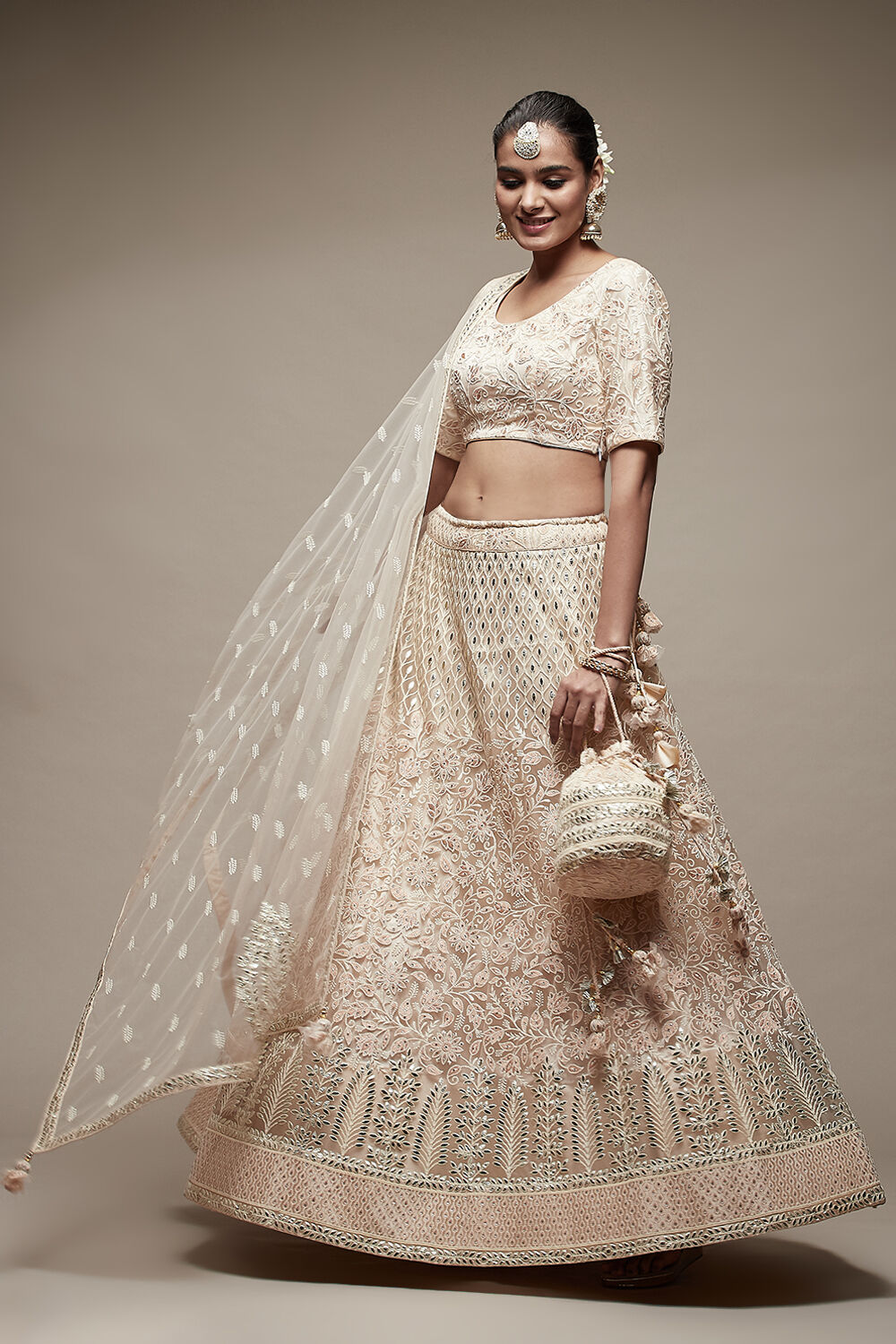 Buy Beige Nylon Lehenga Set Blouse Lehenga Dupatta Potli Bag