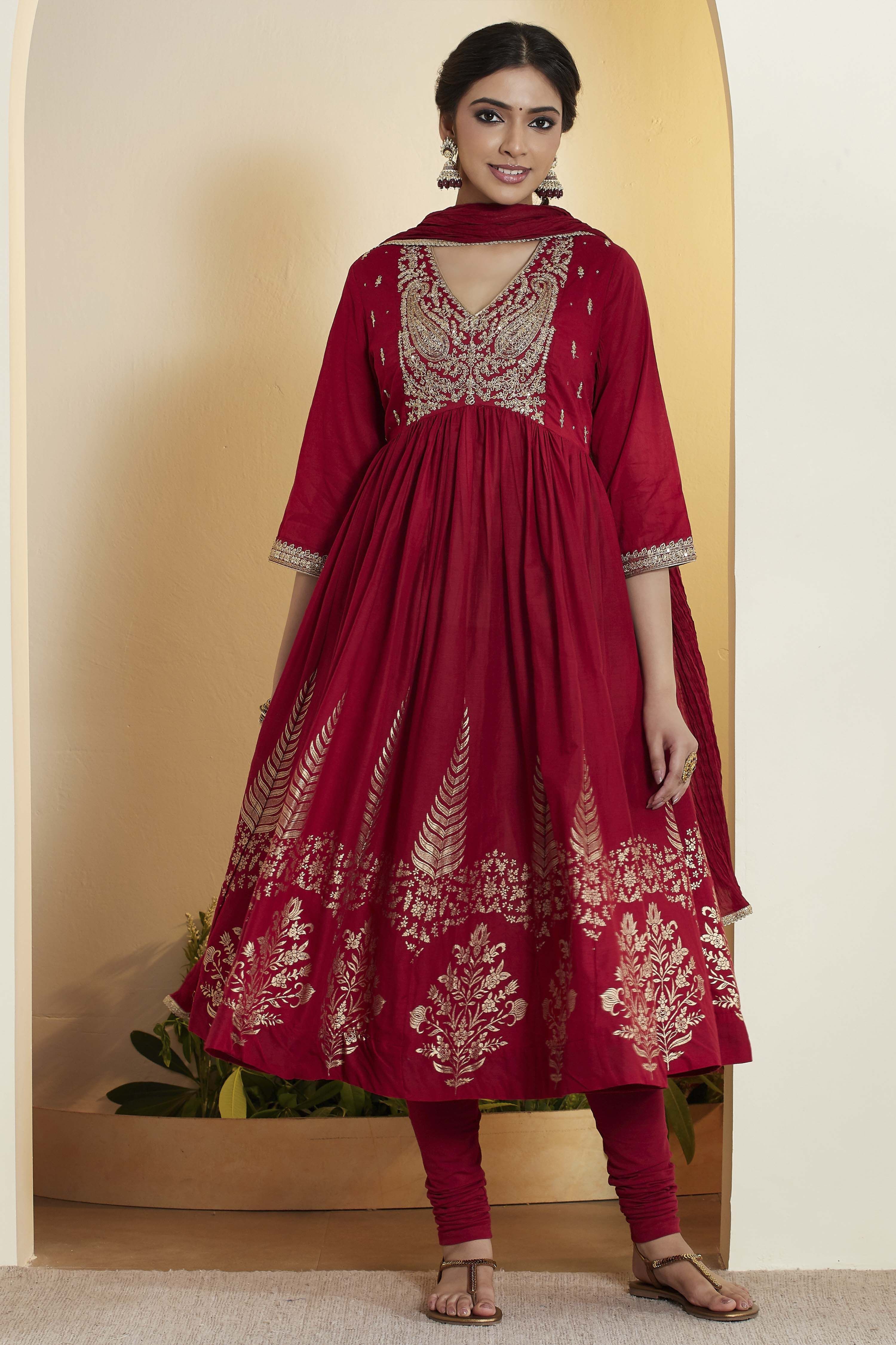 Red Cotton Anarkali Suit Set image number 7