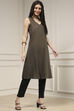 Charcoal and Rust Printed Pleated A-Line Kurta image number 5