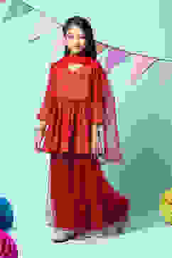 Red Nylon Flared Kurta Sharara Suit Set image number 5