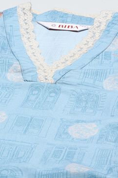 Pale Blue Printed Cotton Kalidar Suit Set image number 1