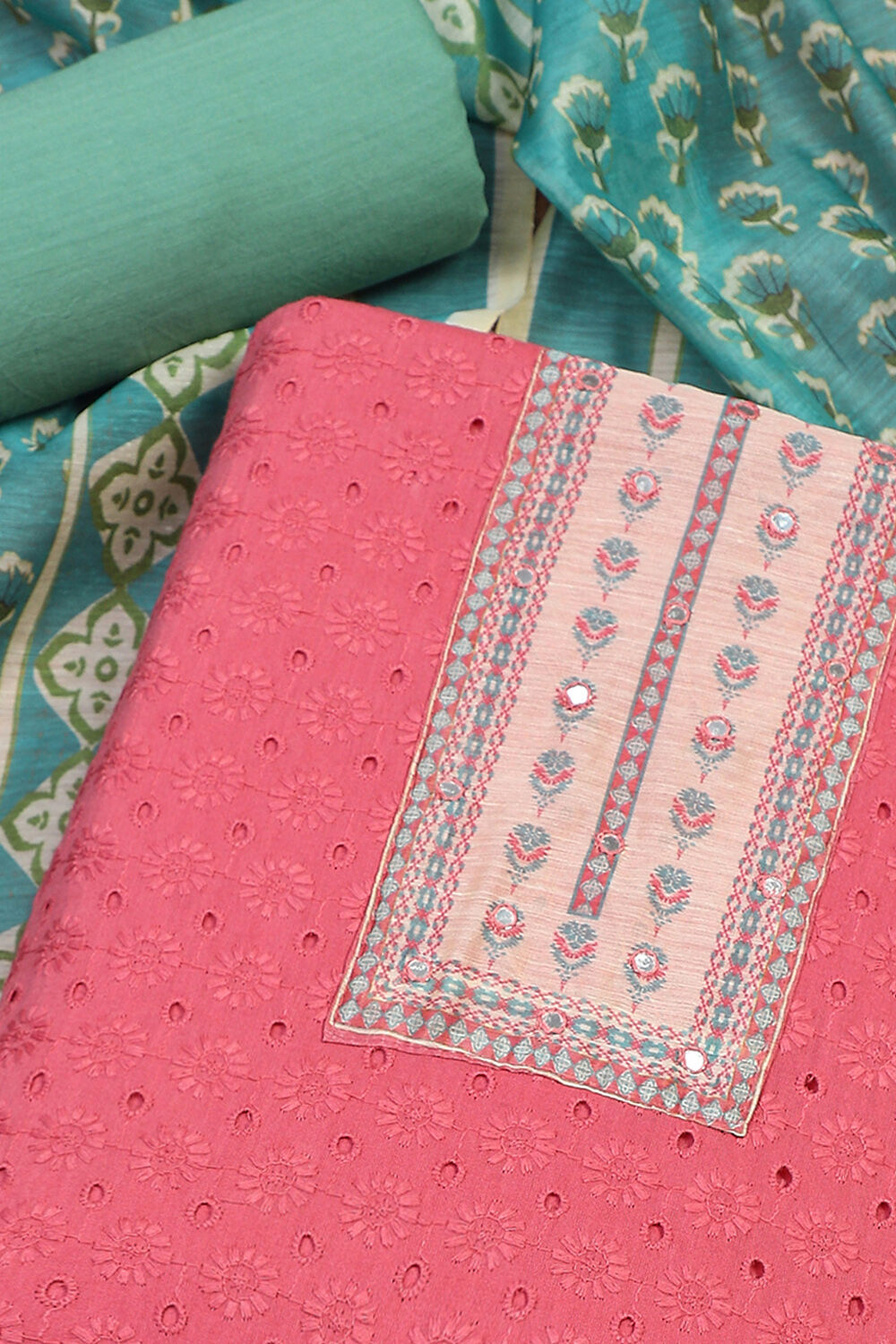 Aqua Cotton Handloom Unstitched Suit Set image number 1