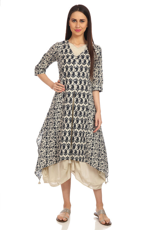 Off White And Navy Front Open Cotton Printed Dress image number 0