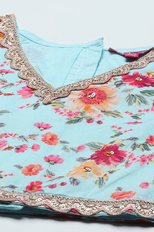 Blue Cotton Printed Blouse With Net Lehenga & Net Dupatta image number 1