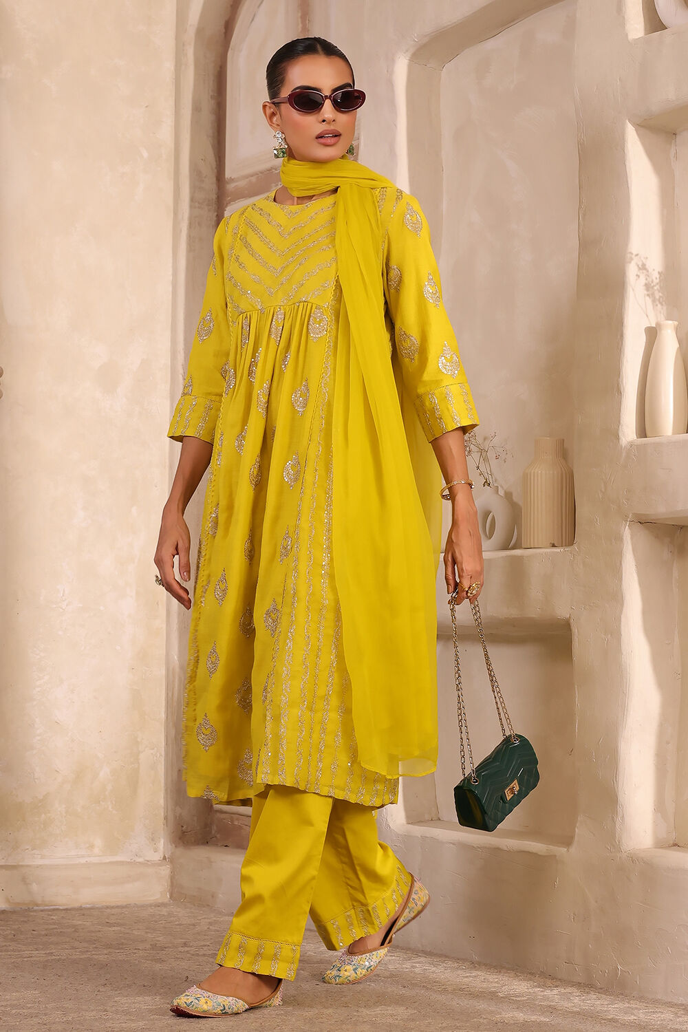 Lime Yellow Chanderi Embroidered Gathered Suit Set image number 6