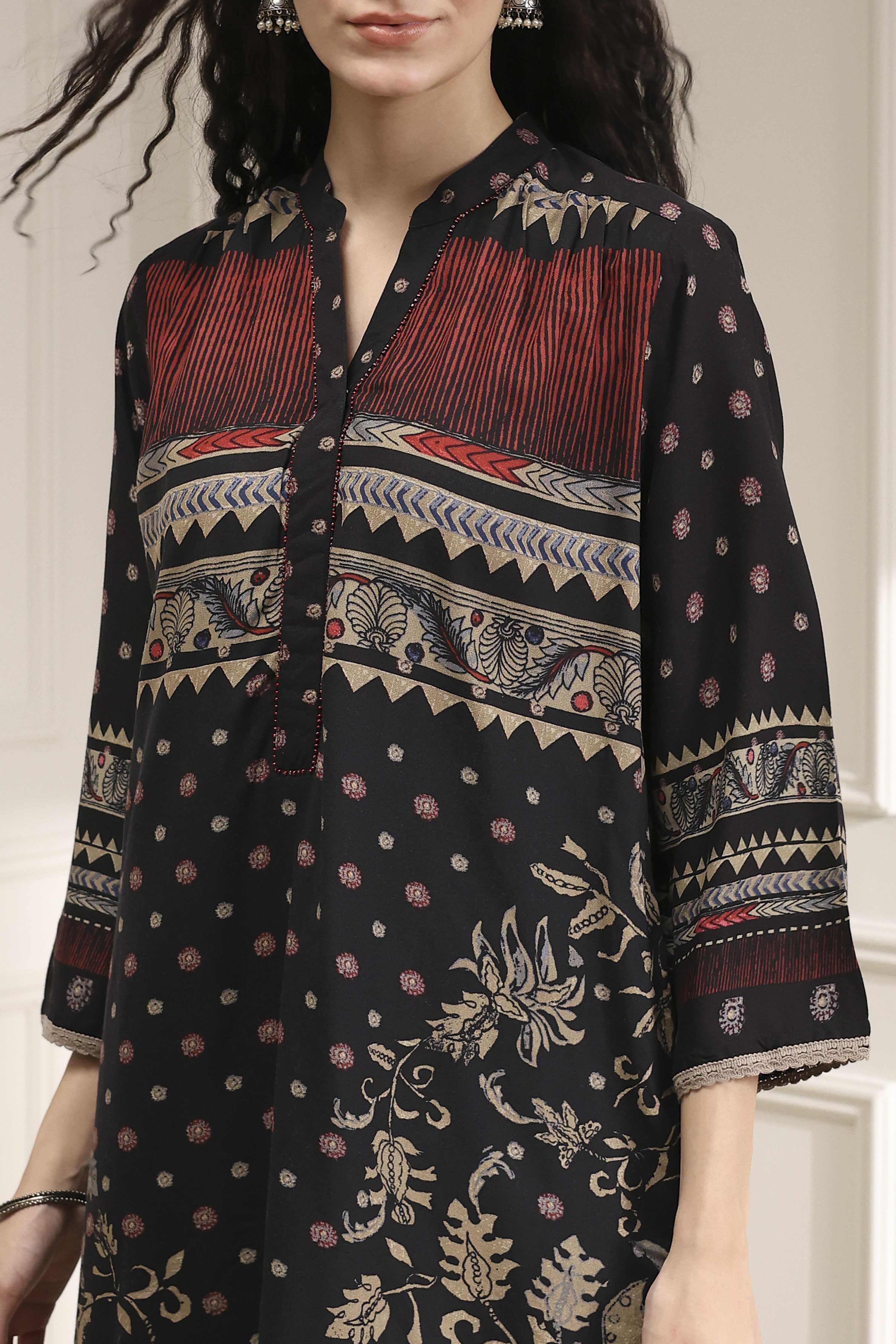Black Printed Straight Kurta image number 1