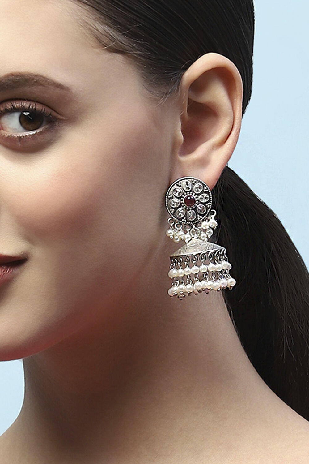 Pink Oxidised Stone Studded Dome Shaped Jhumkas image number 3