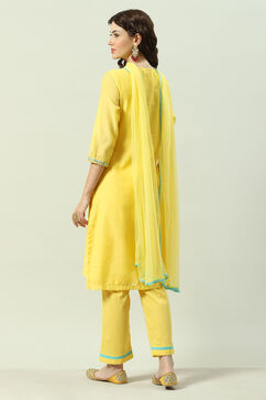 Yellow Yarndyed A-Line Kurta Regular Pants Suit Set image number 4